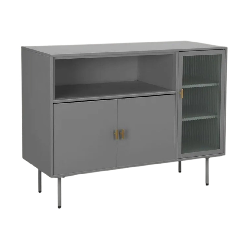 **Buffet moderne gris avec porte en verre et étagères**